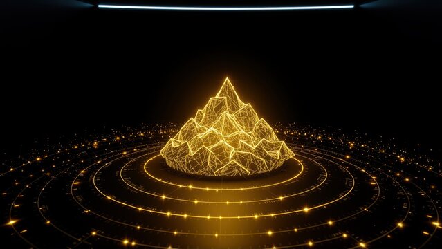 Golden polygonal mountain rises from concentric circles. Light emanates, creating futuristic, minimalist scene. Dark background emphasizes glowing geometry.
