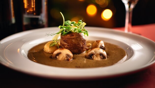 fine dining dish with mushrooms sauce and decoration served at a restaurant during dinner time