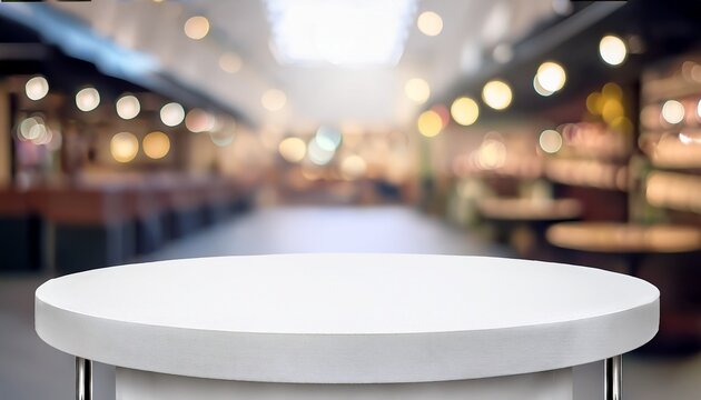 close up empty white round clean table top with blur white background food stall display mockup for product backdrop for advertise campaign