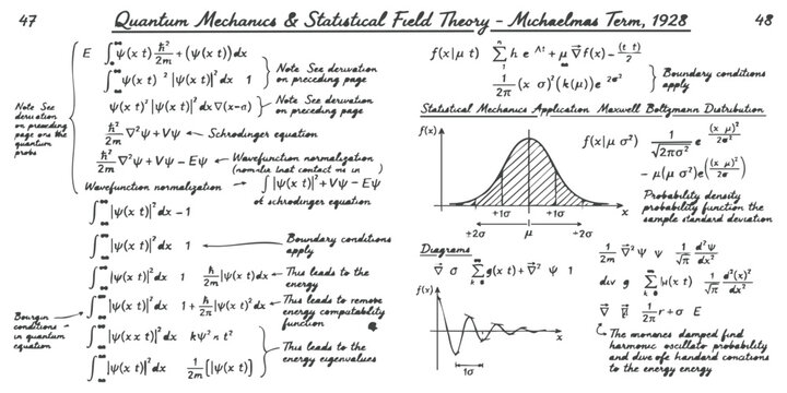 Handwritten physics notes page showing complex quantum mechanics equations and statistical field theory graphs