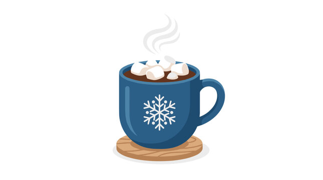 Vector illustration of a cozy blue ceramic mug filled with hot chocolate and marshmallows, featuring a white snowflake design, sitting on a wooden coaster with steam rising.
