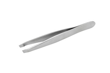 Fototapeta premium Single shiny silver metal tweezers tool with a flat tip, angled on a clean white background, studio shot