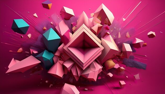 abstract 3d geometric shapes exploding against a vibrant pink background