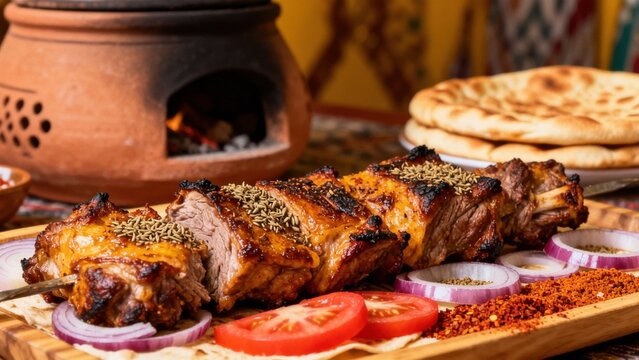 Turkmen roasted lamb, slow-cooked with onions and spices, served with rice and fresh salad, on a large wooden platter, representing the traditional cuisine of Turkmenistan