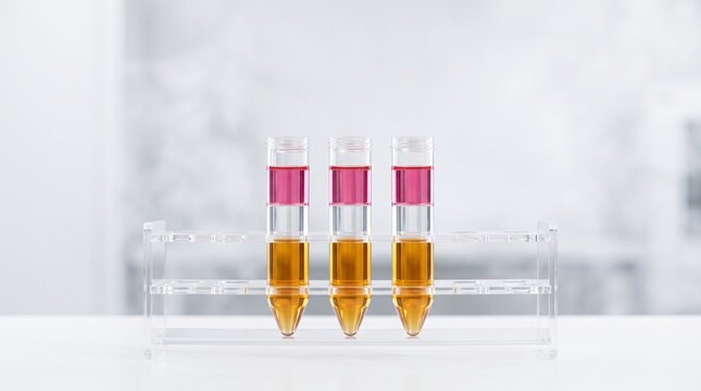 Centrifuge tubes with clear density gradient liquid separation layers in acrylic rack for pharmaceutical clinical biochemistry and medical laboratory research commercial background banner