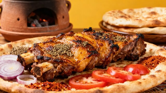 Turkmen roasted lamb, slow-cooked with onions and spices, served with rice and fresh salad, on a large wooden platter, representing the traditional cuisine of Turkmenistan