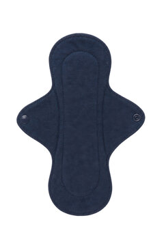 Dark blue reusable cloth menstrual pad with snap fasteners is neatly displayed on a clean white background, viewed from above