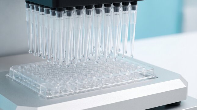 Robotic automated pipette head 96 well microplate dispenser with liquid droplets for high throughput screening biotechnology and pharmaceutical drug discovery commercial presentation banner