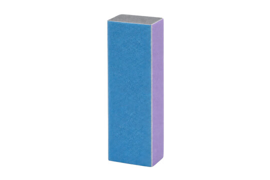 Multi-sided blue and purple nail buffer block stands upright on a clean white background, ready for manicure and pedicure use