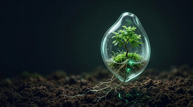 Seed pod containing a young tree illuminated against a dark background