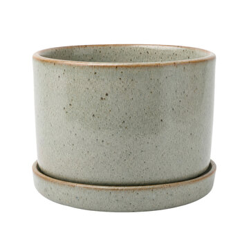 Round ceramic planter with a speckled gray-green glaze and a matching saucer, isolated on a white background