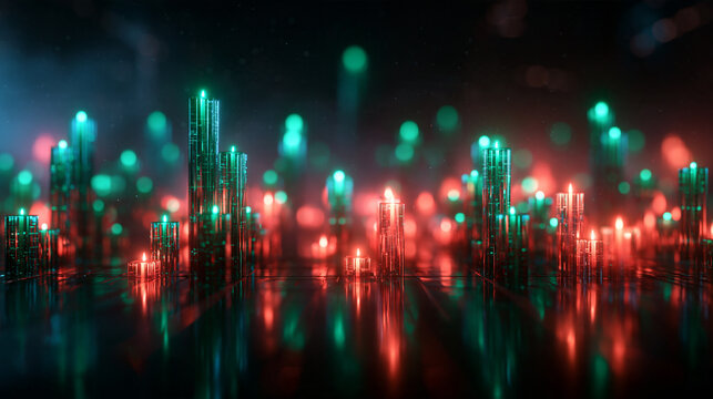 Abstract Financial Candlestick Chart and Futuristic Digital Skyline
