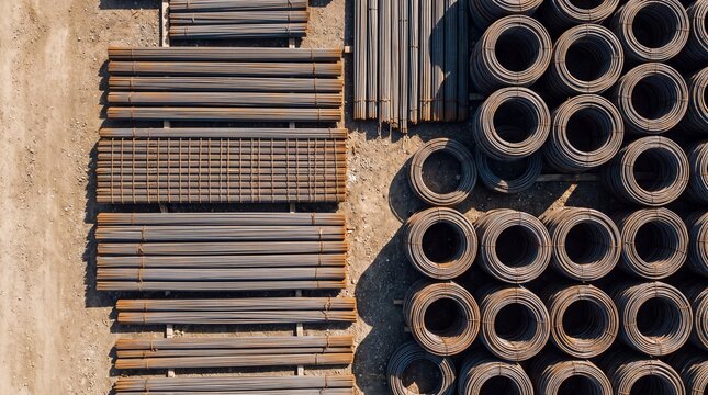 Aerial View of Steel Rebar Bundles and Wire Coils