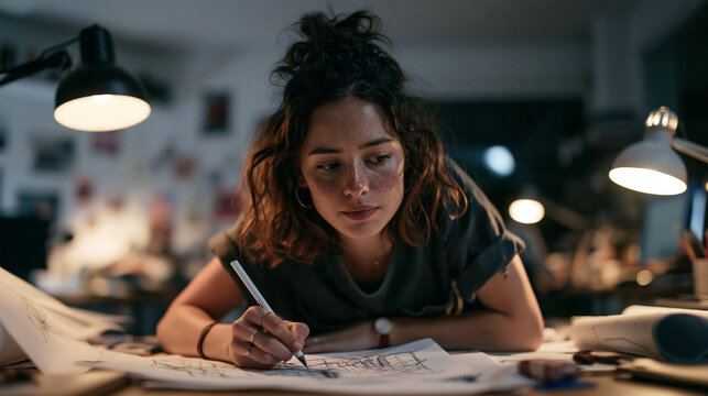 Young Female Designer Working Late Sketching at Desk