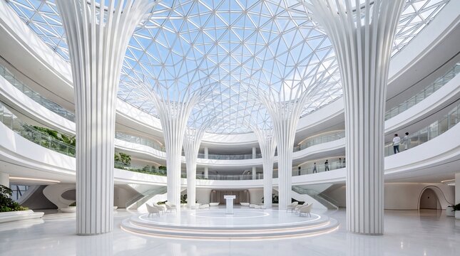Futuristic Modern Architecture Atrium with Glass Dome Ceiling