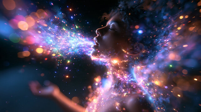 Woman Breathing Glowing Cosmic Energy and Sparkling Light Particles