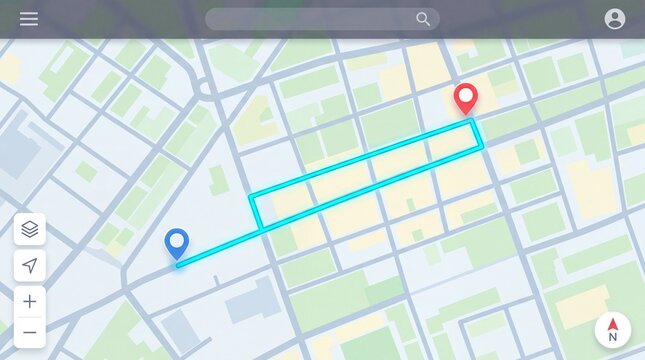 City Map Interface with Navigation Route and Location Pins