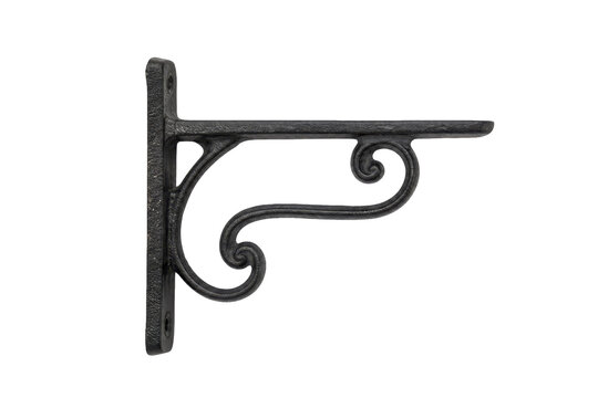 Ornate black cast iron shelf bracket with decorative scrollwork, isolated on a clean white background, viewed from a high angle