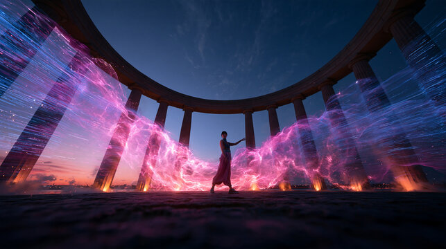 Woman Dancing with Magical Glowing Energy Trails in Colonnade