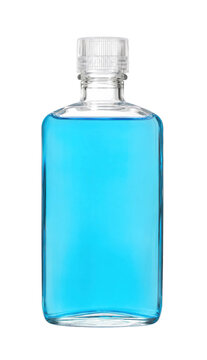 Clear glass rectangular bottle filled with bright blue liquid and a ribbed plastic cap, isolated on a clean white background