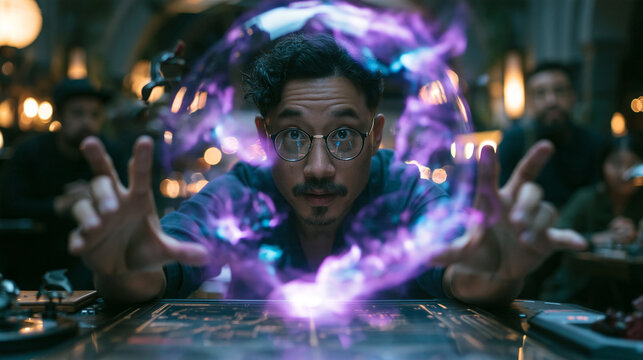 Young Man Casting Glowing Magical Energy Spell