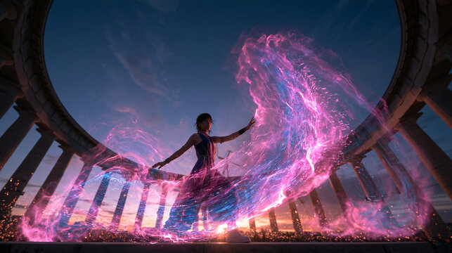 Woman Performing Dynamic Dance with Glowing Magical Energy Trails