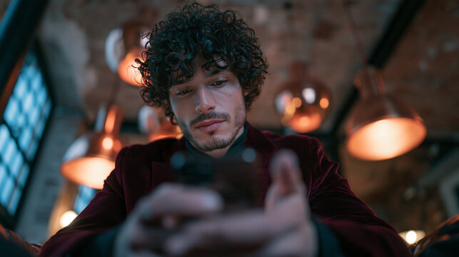 Young Stylish Man Texting on Smartphone in Cozy Lounge