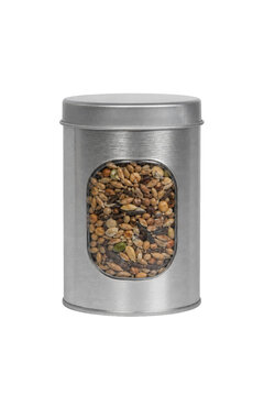 Brushed metal cylindrical tin container with a clear window filled with various bird seeds, isolated on a white background