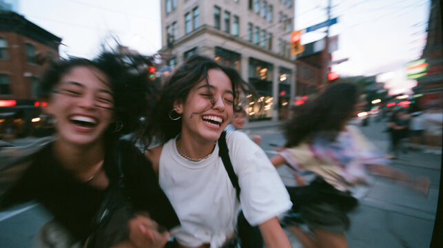 Happy Young Women Running and Laughing in City Street