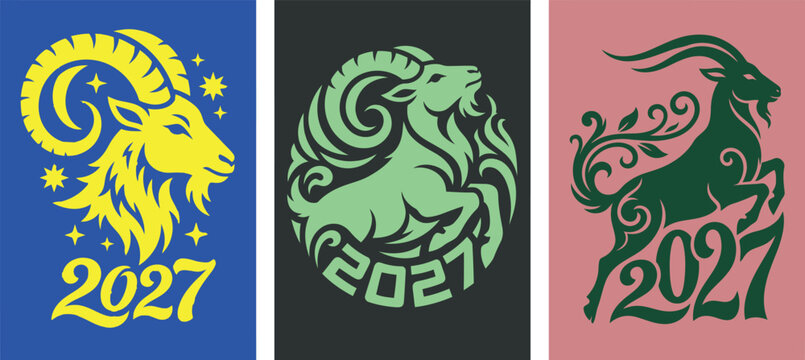 A collection of three artistic illustrations featuring the goat zodiac symbol to celebrate a happy new year 2027 design