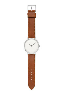Elegant minimalist silver watch with a clean white dial and classic brown leather strap, shot vertically on a bright white background