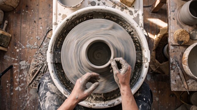 Potter Hands Shaping Wet Clay on Pottery Wheel