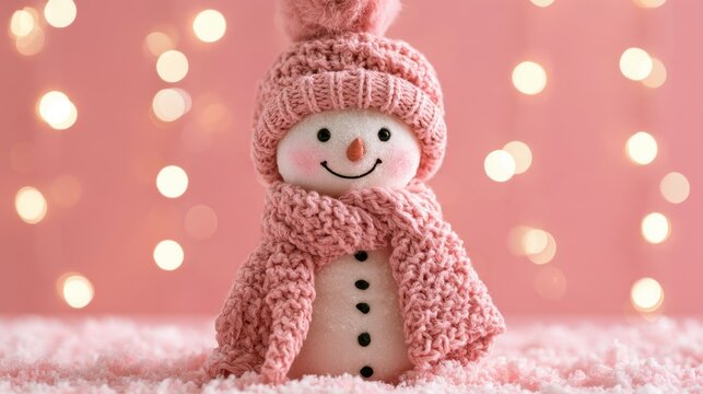 Cute small snowman figurine wearing pink knitted hat and scarf standing on soft fake snow with warm blurred light background