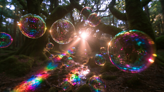 Iridescent Soap Bubbles Floating in Enchanted Sunlit Forest