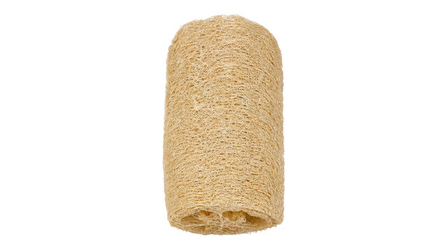 Natural beige cylindrical loofah sponge, a sustainable bath accessory, stands upright with visible fibrous texture on a clean white background
