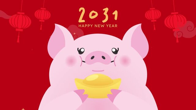 Cute zodiac pig holding gold sycee ingot 2d animation. New Year of the Pig 2031 celebration.