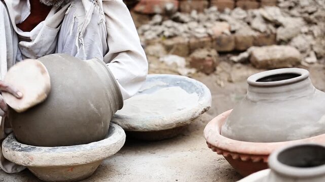 Old Indian potter&rsquo;s skilled hand shaping a Pot at his workshop near Brick wall