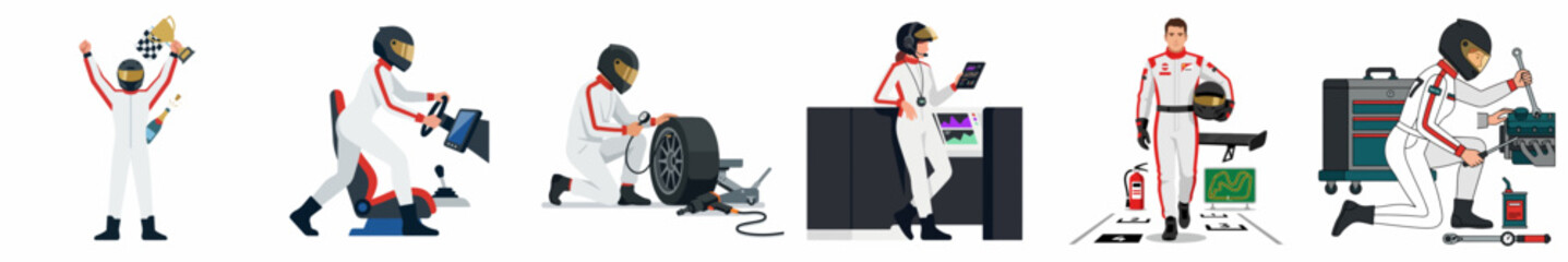Obraz premium Set of vector illustrations featuring a race car driver celebrating, training in a simulator, performing maintenance, and analyzing telemetry data.