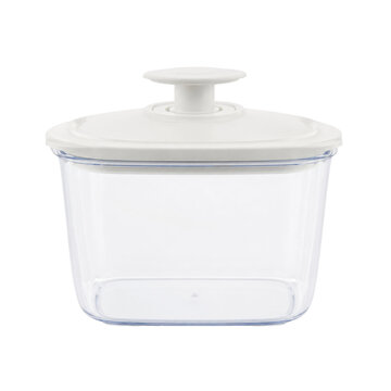 Clear plastic rectangular food storage container with a white vacuum seal lid on a clean white background
