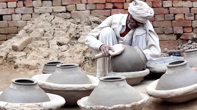 Old Indian potter&rsquo;s skilled hand shaping a Pot at his workshop near Brick wall