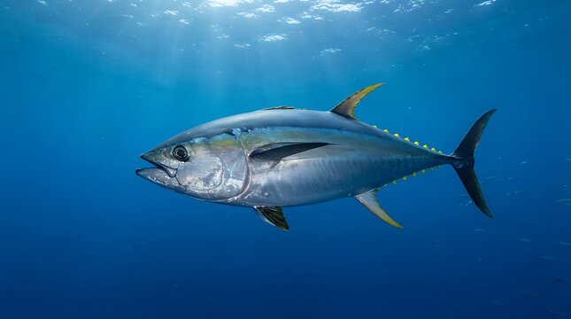 A large yellowfin tuna fish swimming gracefully in the deep blue ocean with sunlight filtering through the water.