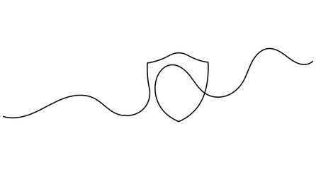 Obraz premium Security shield continuous line art, editable stroke minimal outline vector illustration