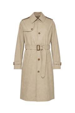 Classic beige long trench coat with a belted waist and button details, presented on a white background