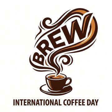 Brew typography concept with swirling aromatic coffee steam and a ceramic cup