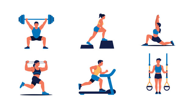 Athletic characters exercising with weights and blue equipment for fitness center branding and sports application design.