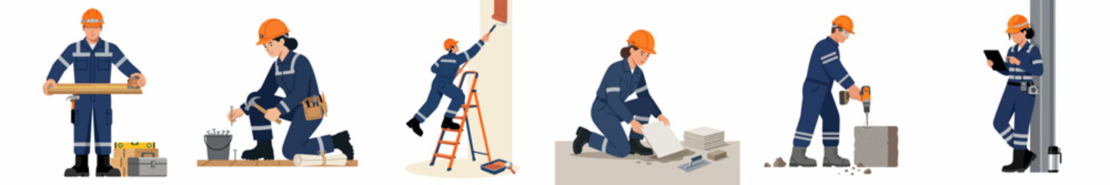 Flat vector illustration set of diverse construction workers in blue uniforms performing building, maintenance, and home renovation tasks on a white background.