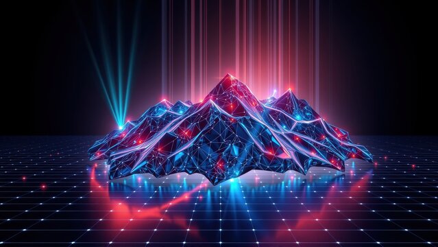 Futuristic landscape. Blue polygonal mountains rise from grid floor. Red vertical lines create dramatic lighting effect. Neon glow dominates scene.