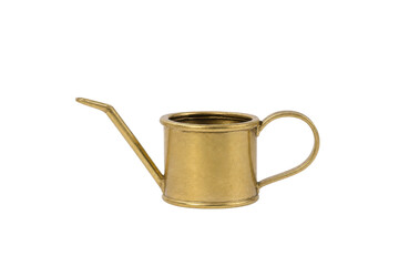 Small elegant golden metal watering can with a long spout and handle, photographed on a clean white background © Chinases