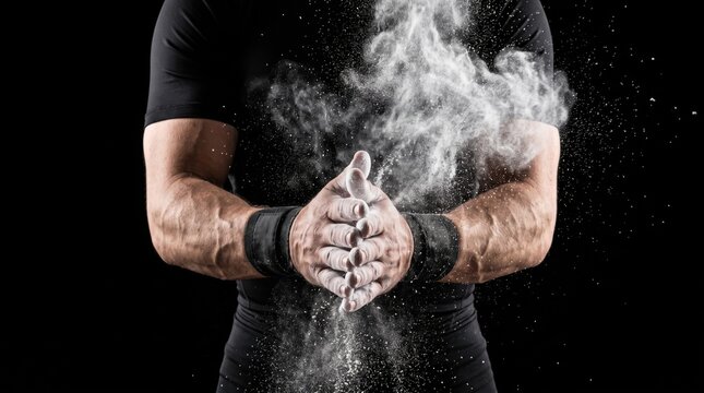 Close up of a strong muscular man clapping hands covered in white sports chalk powder before heavy weightlifting workout on black background.
