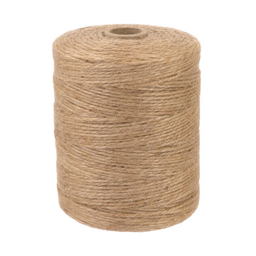 Large cylindrical spool of natural brown jute twine stands vertically on a clean white background